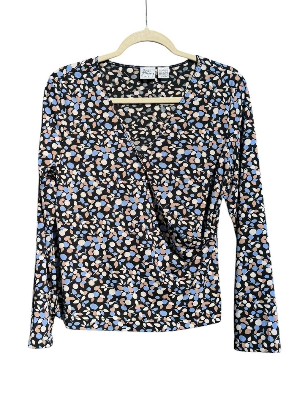 Giorgio Fiorlini Collection Long Sleeve Faux Wrap Blouse Black and Multi-Color